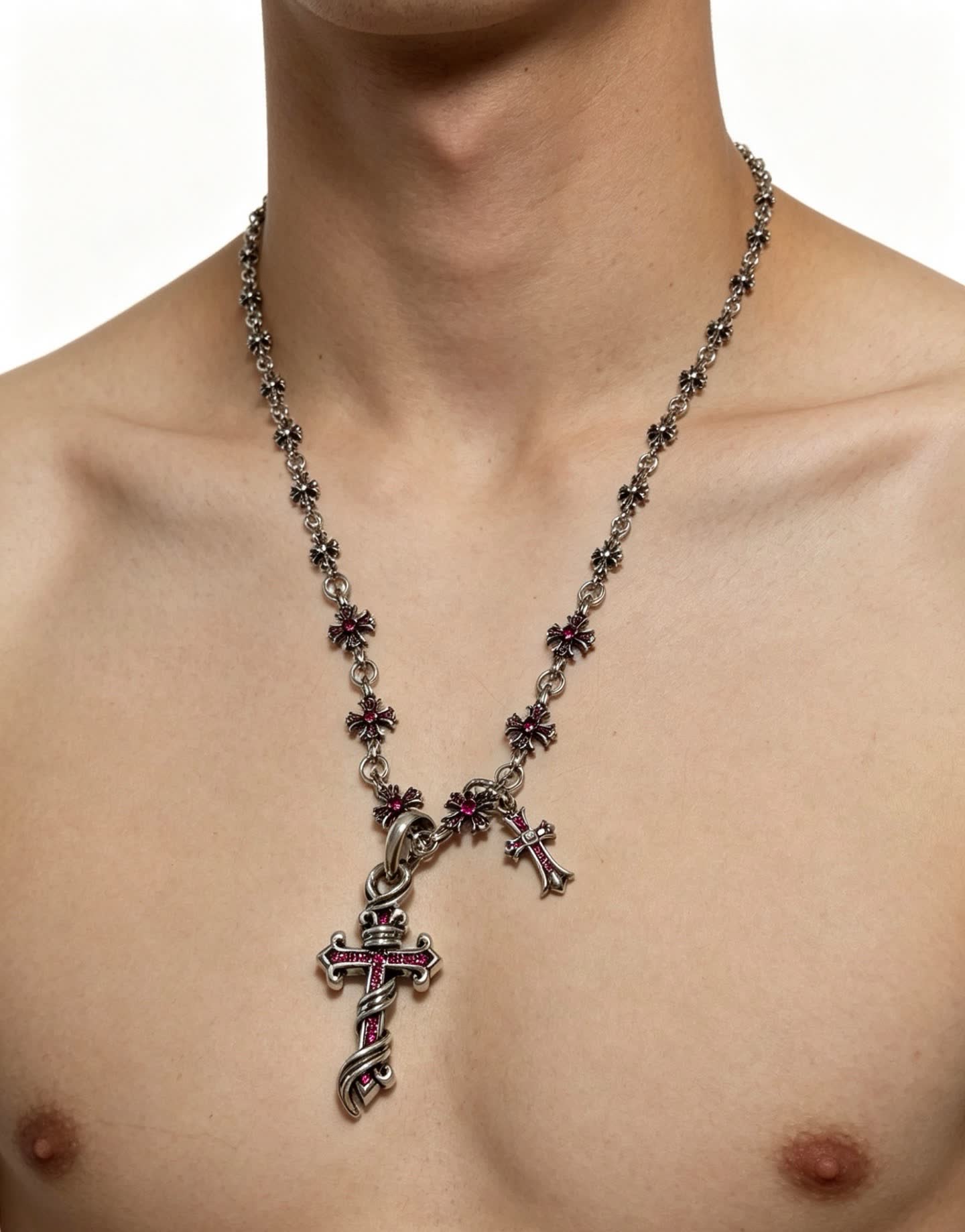 Chrome Hearts Silver Cross Pendant Necklace with Pink Crystals